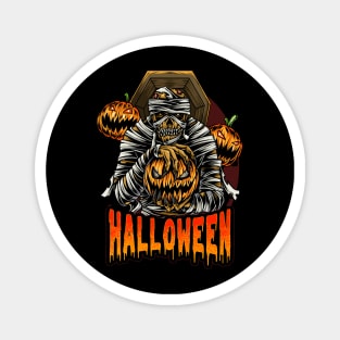 mummy holding halloween pumpkin in the dark night Magnet